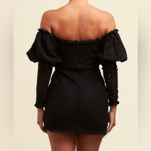 Black Lace Polka Dot Puff Sleeve Mini Dress - Picture 2 of 2